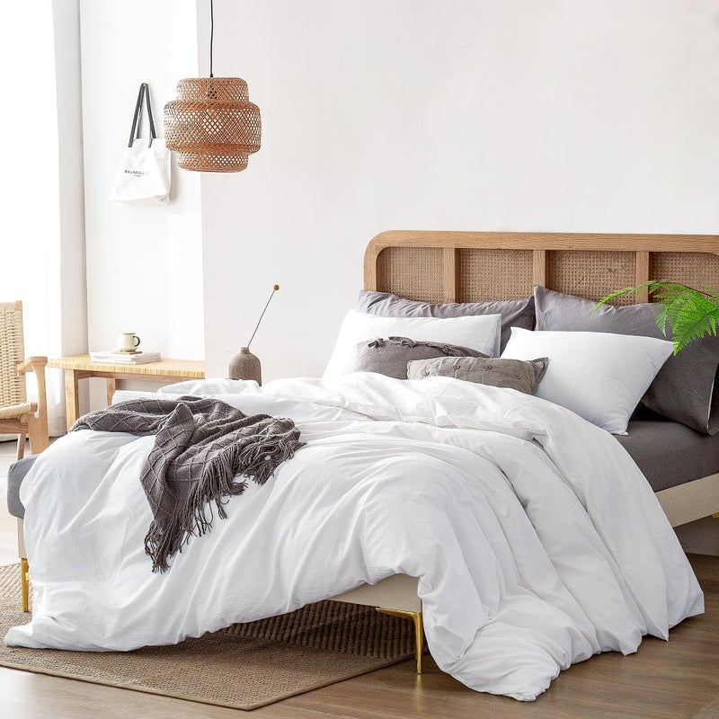 ATsense Duvet Cover California King, 100% Washed Cotton Linen Feel Super Soft Comfortable, 3-Piece White Duvet Cover Bedding Set, Long-Lasting and Easy Care, Simple Style Farmhouse Comforter Cover - Image 2